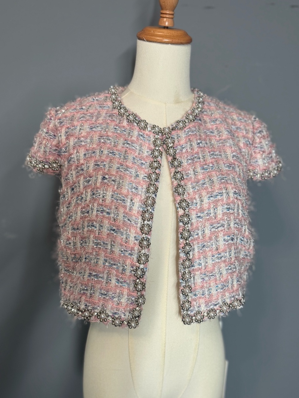 NWT Mac Duggal Pink Tweed Beaded Short Jacket